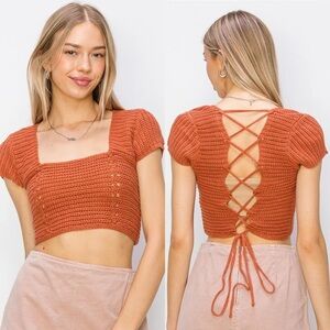 NEW HYFVE Baked Clay Cropped Knit Top Lace-Up Back